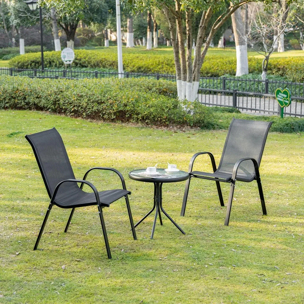 Set of 2 garden chairs, stackable chairs with armrests, dining chairs, garden, metal mesh, black, 70 x 54 x 90 cm