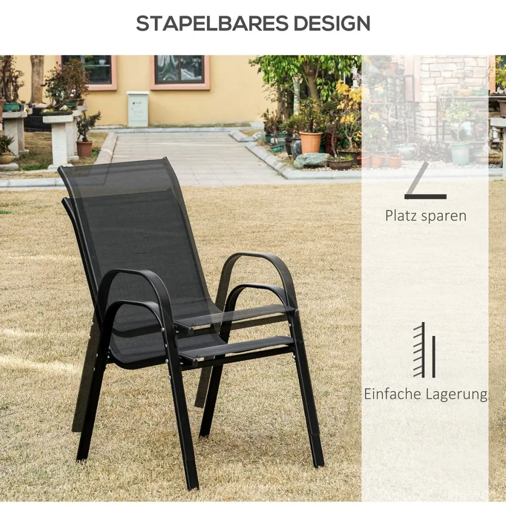 Set of 2 garden chairs, stackable chairs with armrests, dining chairs, garden, metal mesh, black, 70 x 54 x 90 cm