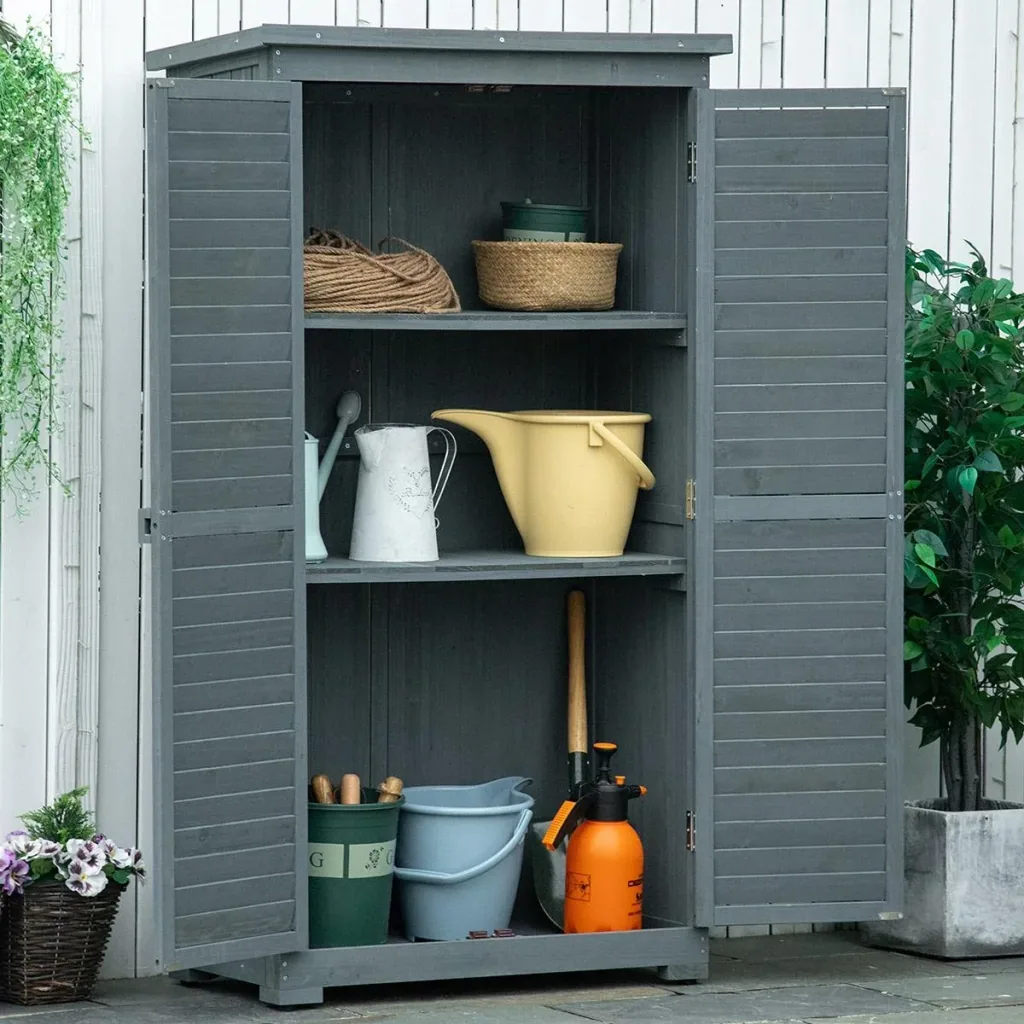 Garden cabinet wooden tool shed tool cabinet wooden hut pent roof bitumen cardboard louvre doors grey 87 x 46.5