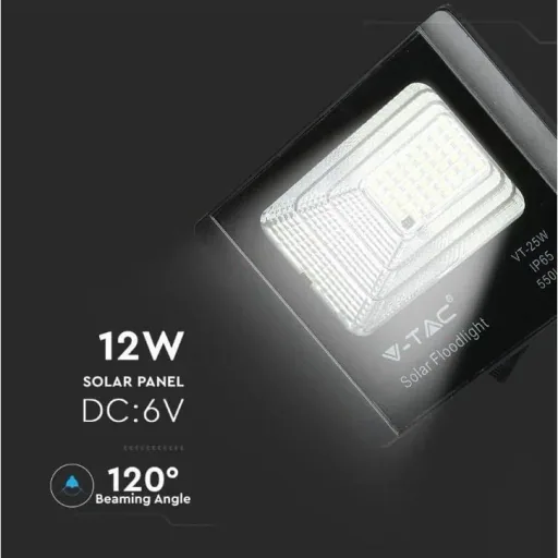 VT-25W Solar Floodlight with Solar Panel - 550 Lm - 6000K - Black