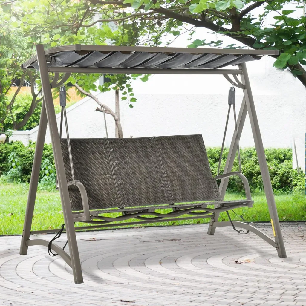 3-seater rattan porch swing garden swing with adjustable sunroof swing bench aluminum brown+grey 197 x 122