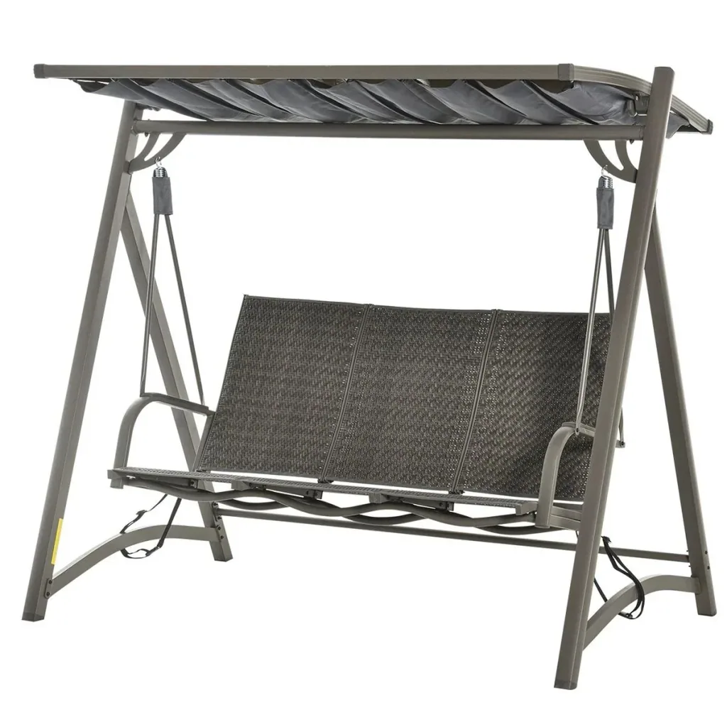 3-seater rattan porch swing garden swing with adjustable sunroof swing bench aluminum brown+grey 197 x 122