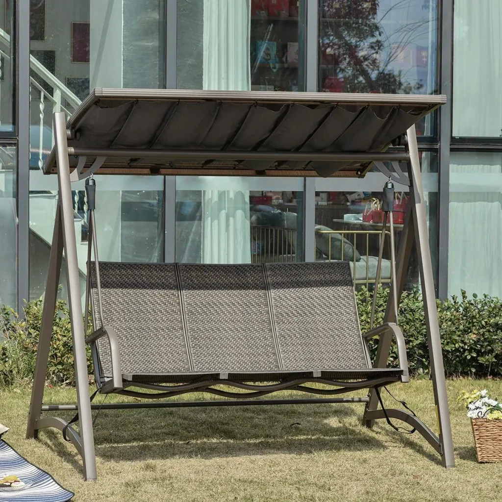3-seater rattan porch swing garden swing with adjustable sunroof swing bench aluminum brown+grey 197 x 122