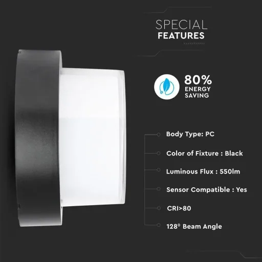 VT-831 LED wall light - 7W - 3000K - 400 lumens - Black - Round