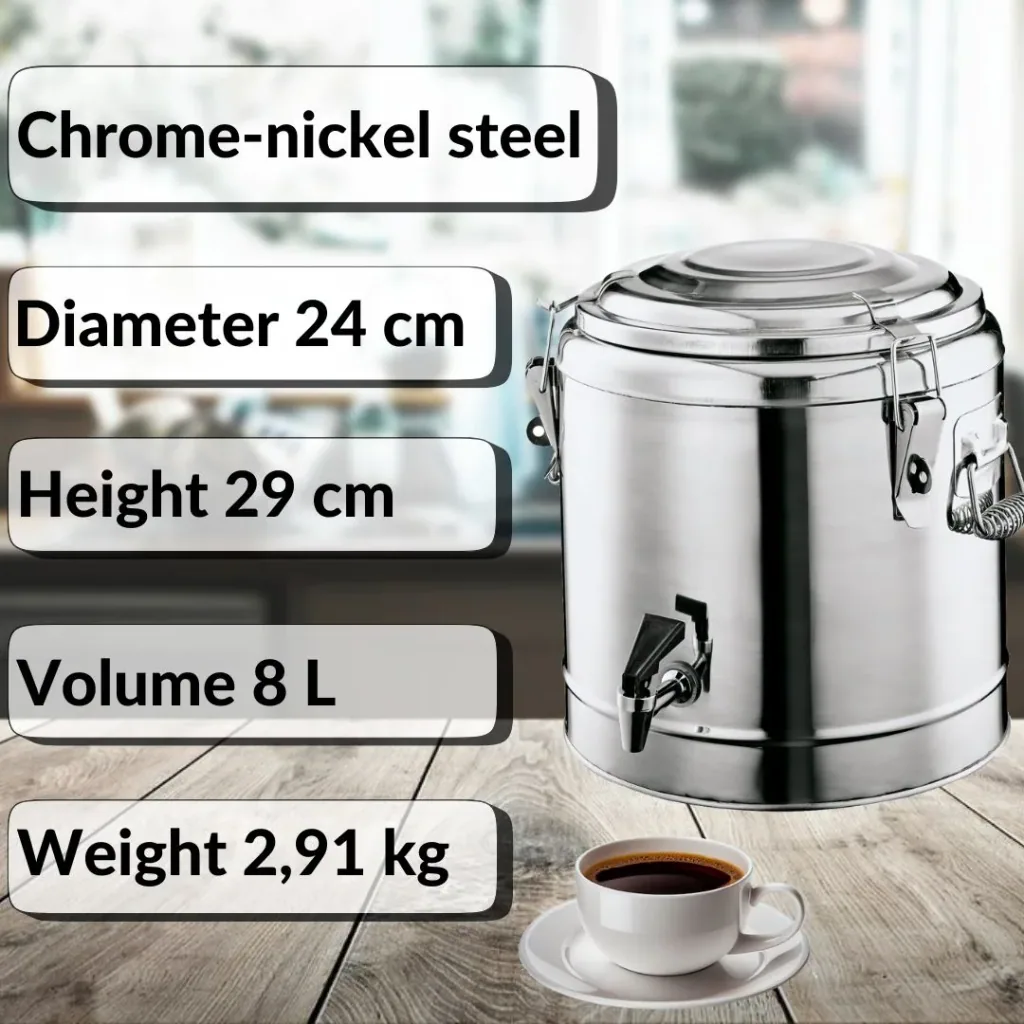 Hot drinks dispenser, hot beverage dispenser, hot drinks container, insulated beverage dispenser - with tap, chrome-nickel steel, 8L