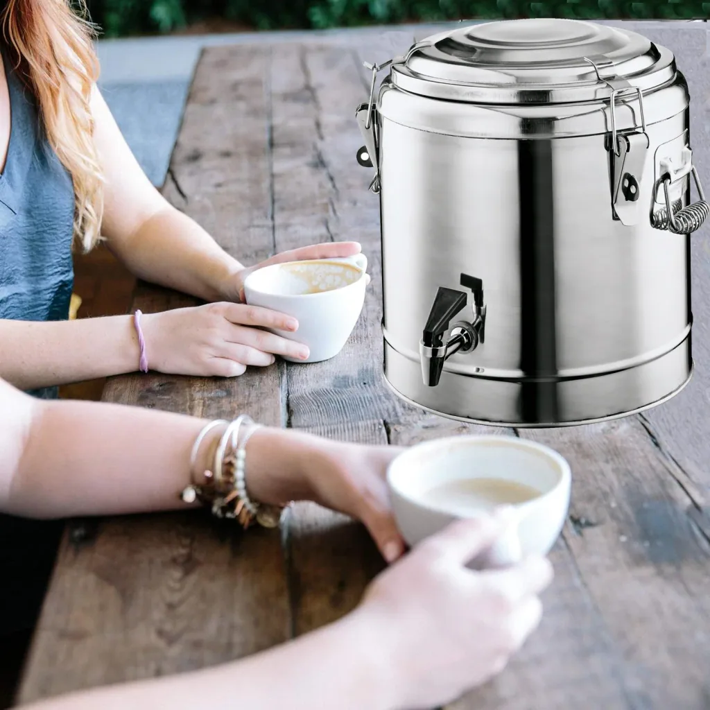Hot drinks dispenser, hot beverage dispenser, hot drinks container, insulated beverage dispenser - with tap, chrome-nickel steel, 8L