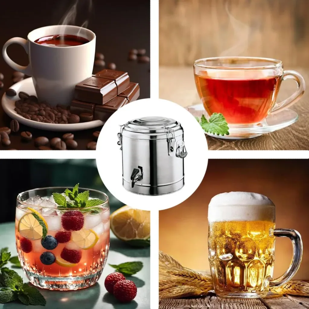 Hot drinks dispenser, hot beverage dispenser, hot drinks container, insulated beverage dispenser - with tap, chrome-nickel steel, 8L