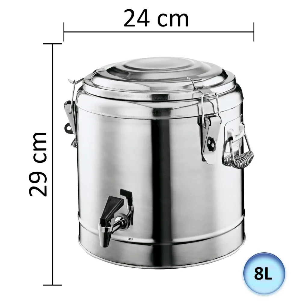 Hot drinks dispenser, hot beverage dispenser, hot drinks container, insulated beverage dispenser - with tap, chrome-nickel steel, 8L