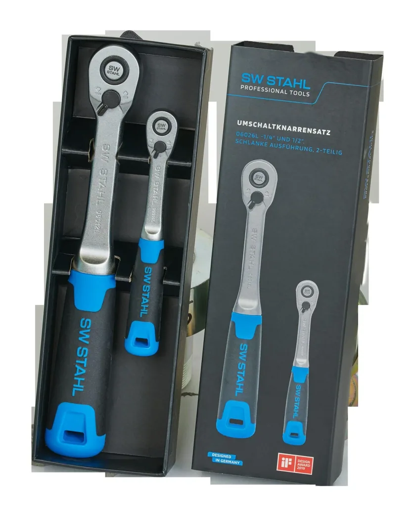 Reversible ratchet set, 1/4" and 1/2", slim design, 2-piece