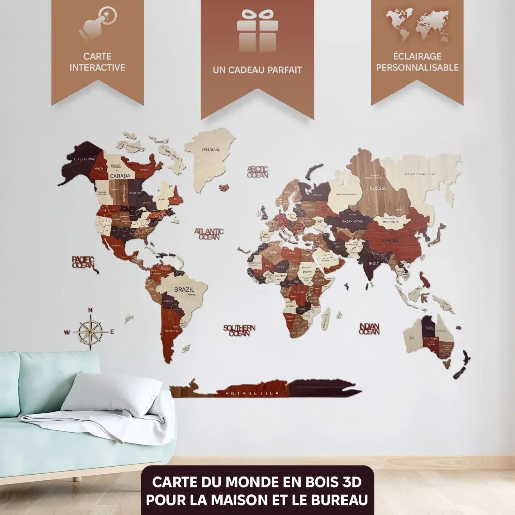 Wooden world map multicolor Green Split - 3D wall decoration, World map size: L