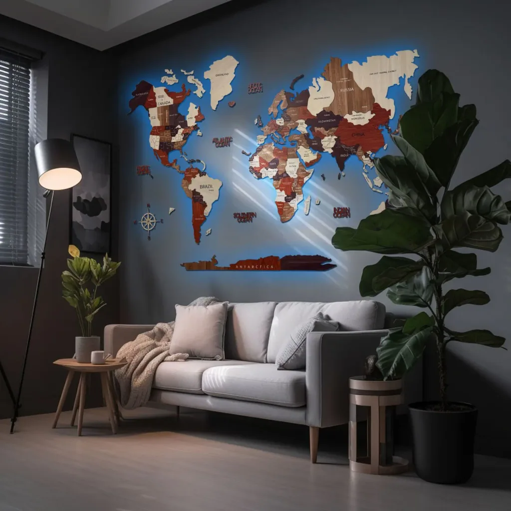 Wooden world map multicolor Green Split - 3D wall decoration, World map size: L