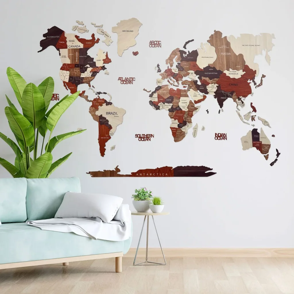 Wooden world map multicolor Green Split - 3D wall decoration, World map size: L