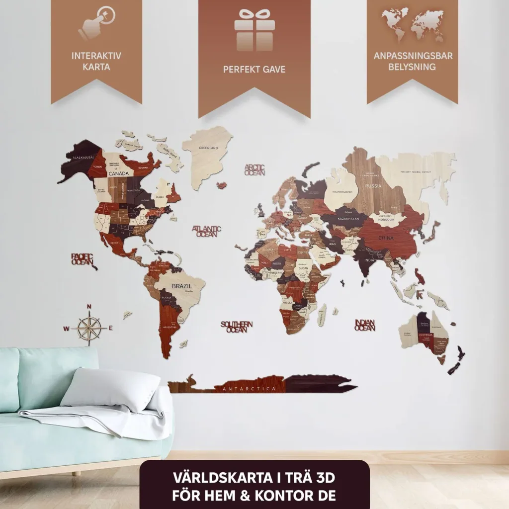 Wooden world map multicolor Green Split - 3D wall decoration, World map size: L