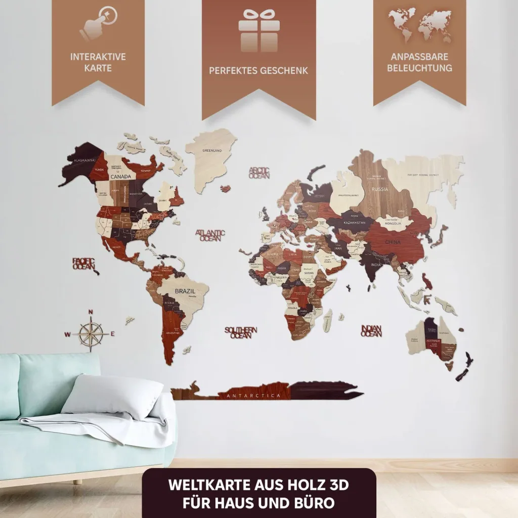 Wooden world map multicolor Green Split - 3D wall decoration, World map size: L