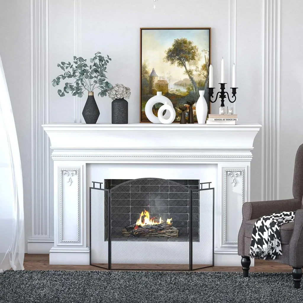 Fireplace guard spark guard with net iron grille fireplace screen folded three-part design metal black