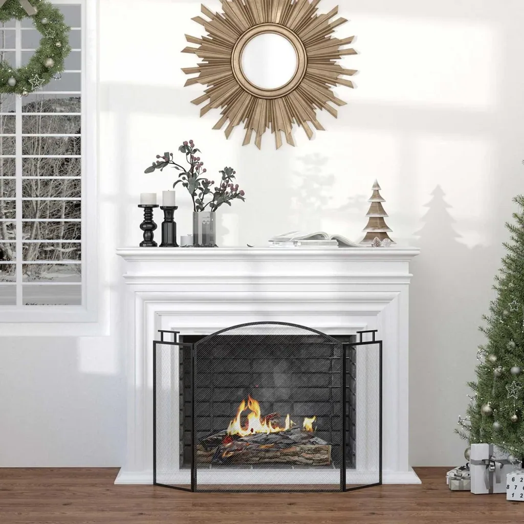 Fireplace guard spark guard with net iron grille fireplace screen folded three-part design metal black