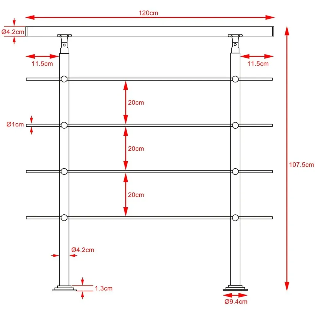 Railing - stainless steel - 120 cm - 4 struts