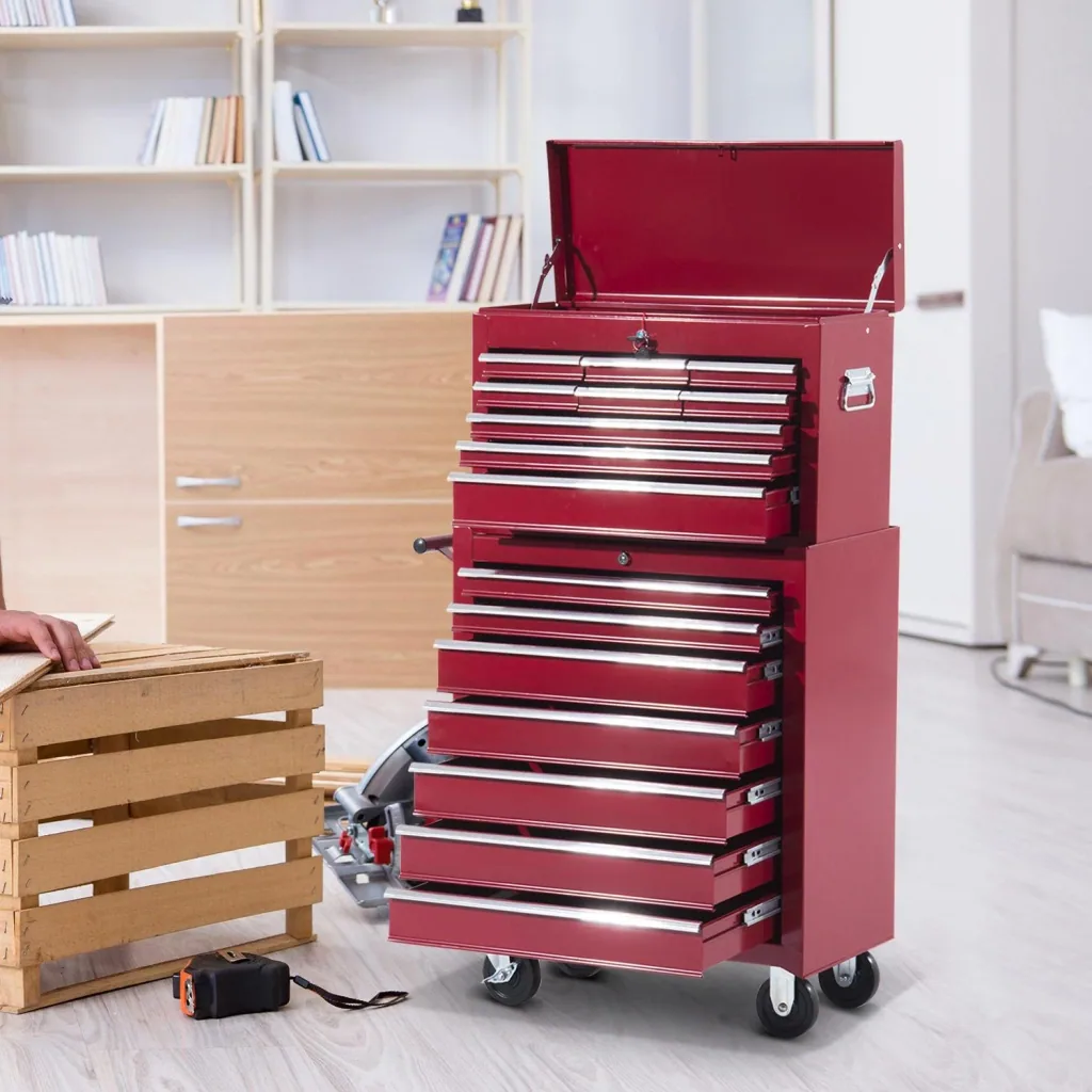 Mobile workshop trolley, lockable with 16 drawers, red