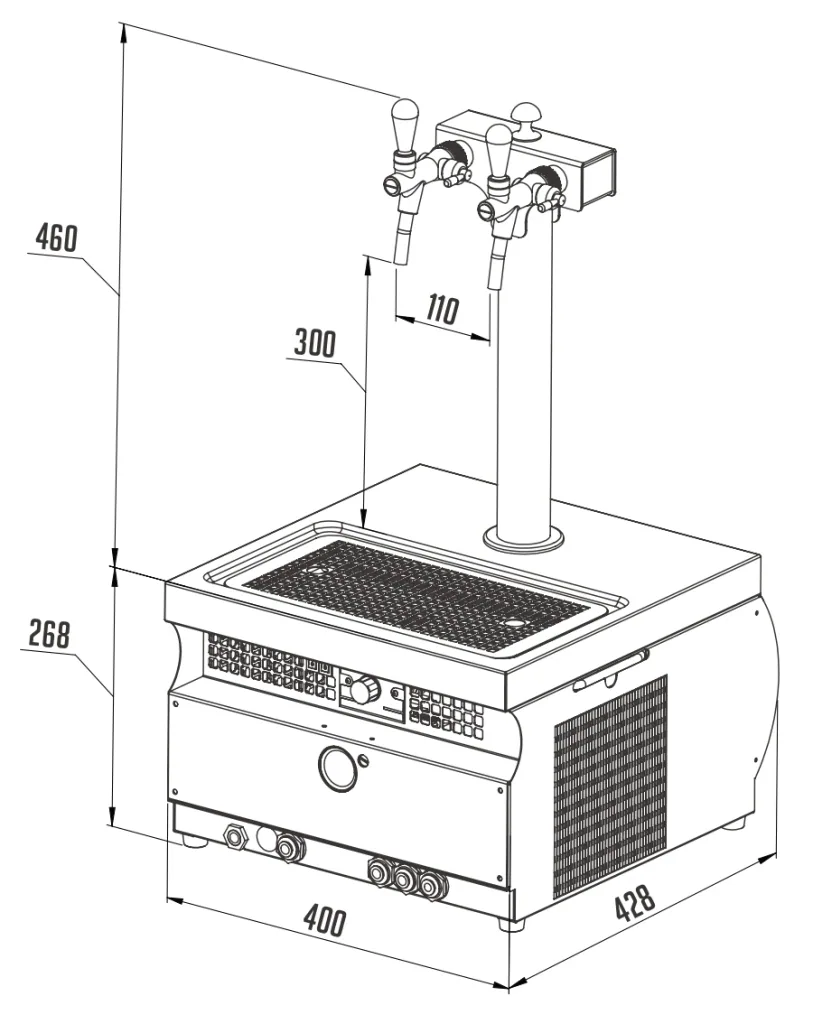 Beer dispenser, Beer machine Kontakt 55 / K Profi 2-line dry cooler made of stainless steel, 50 liter / h membrane pump, Green Line