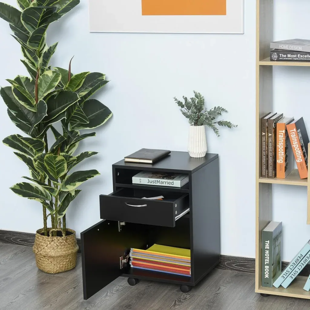 Mobile container, filing cabinet, office container with drawer, office cabinet, storage container, chipboard, black, 40 x