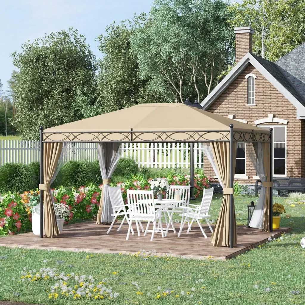 Gazebo with side walls and mosquito net, beige, 4 x 3 m