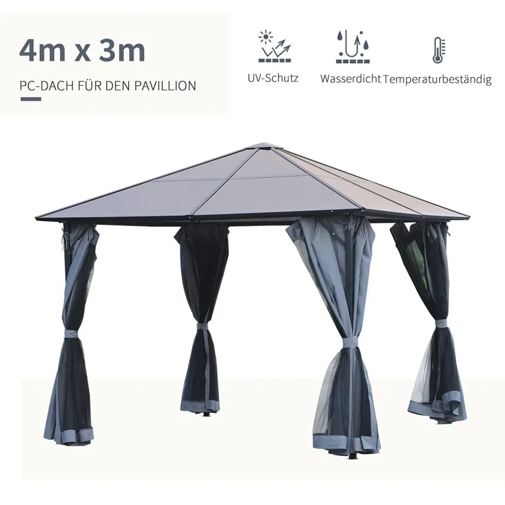 Pavilion 3 x 4m garden pavilion party tent with side panels PC roof aluminum dark gray