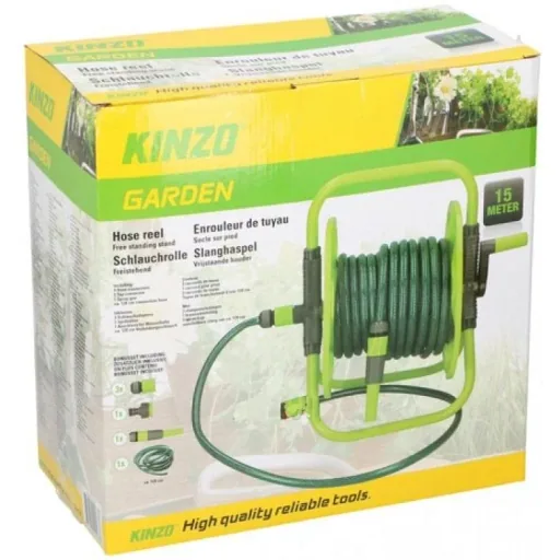 Kinzo hose reel with 15m garden hose and accessories