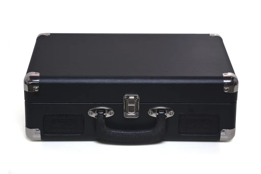 Suitcase record player with encoding function, AUX-in, Bluetooth, USB in real wood housing