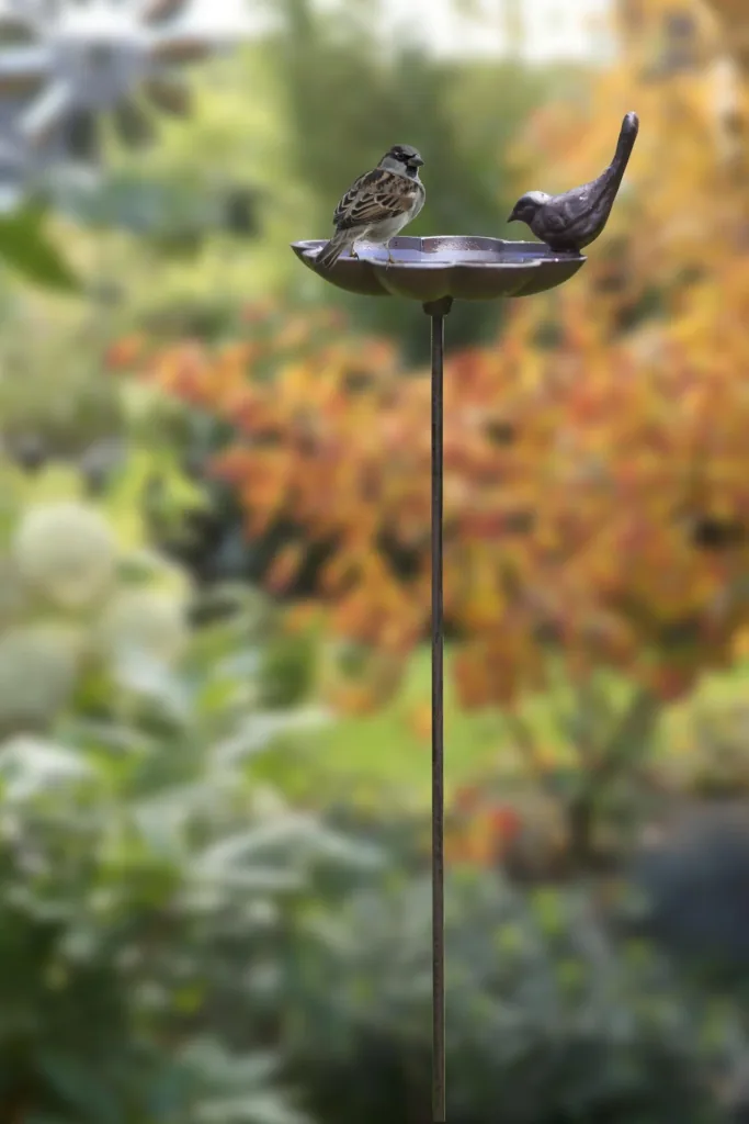 Birdbath with ground spike, cast iron, bird design