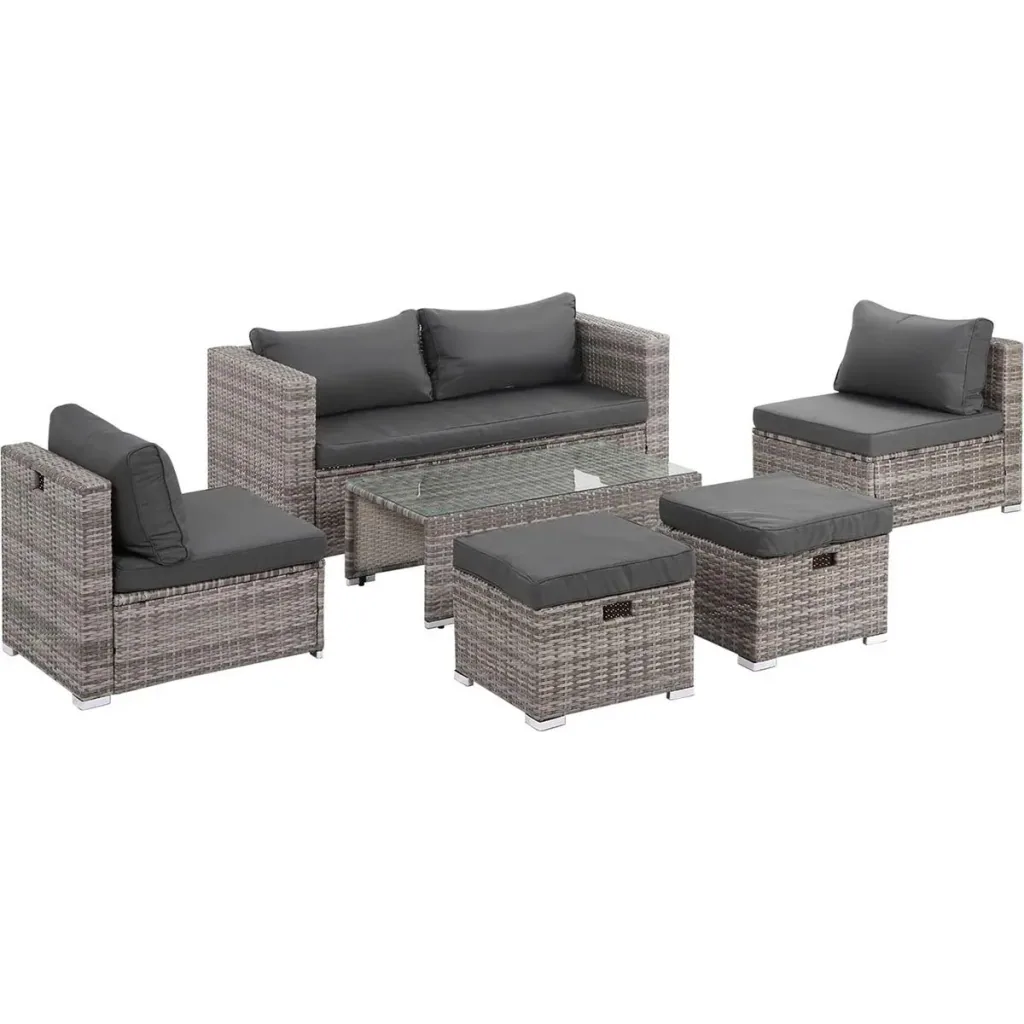 6-piece lounge set in rattan look, metal+polyester, grey