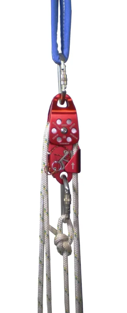 Double pulley made of aluminum with pivoting side cover for 10 mm - 12 mm ropes