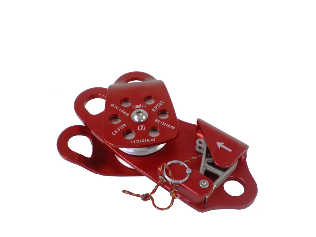 Double pulley made of aluminum with pivoting side cover for 10 mm - 12 mm ropes