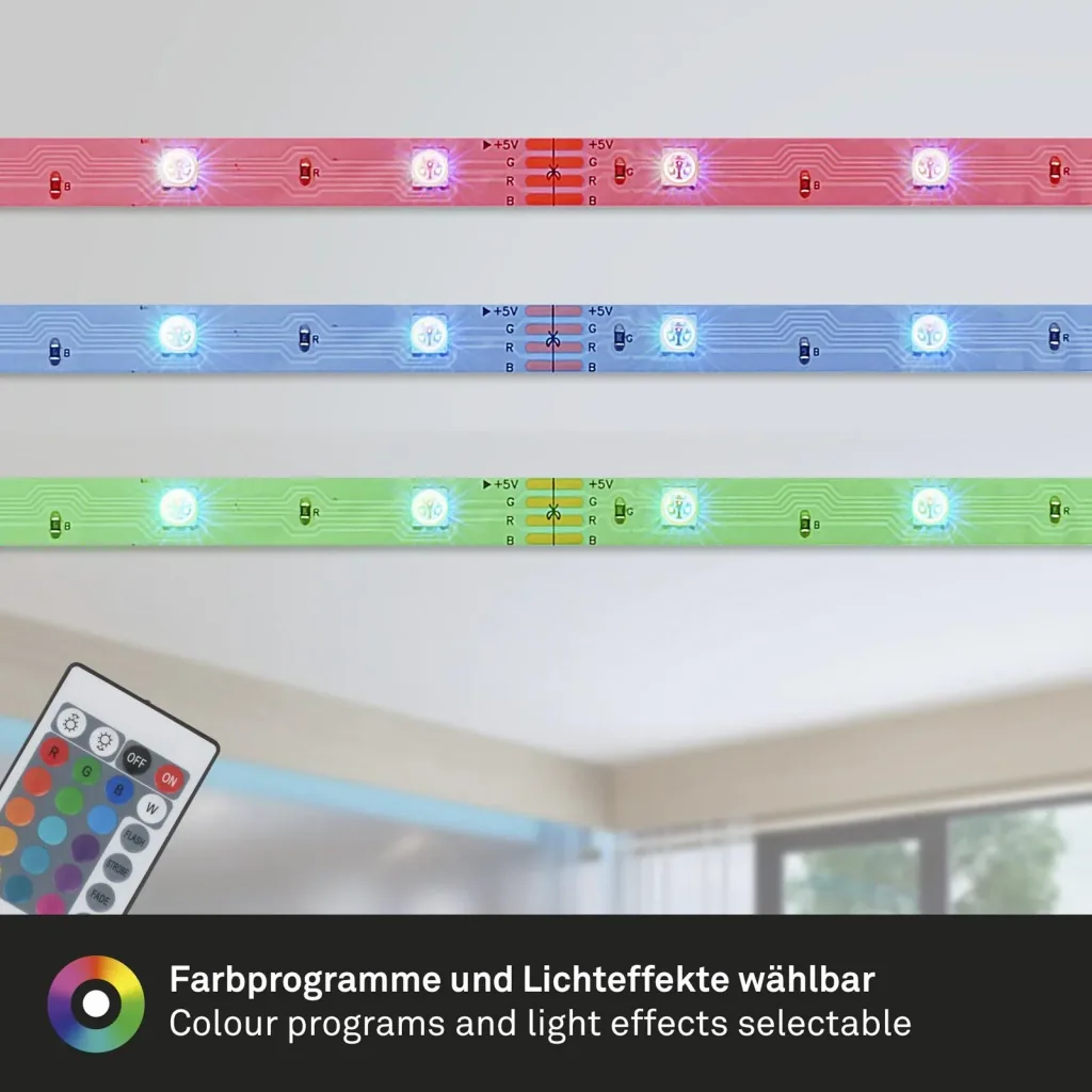 USB RGB LED flex strip, 5 m, 150 RGB LEDs, including remote control, color change, self-adhesive