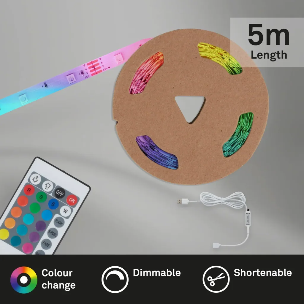 USB RGB LED flex strip, 5 m, 150 RGB LEDs, including remote control, color change, self-adhesive