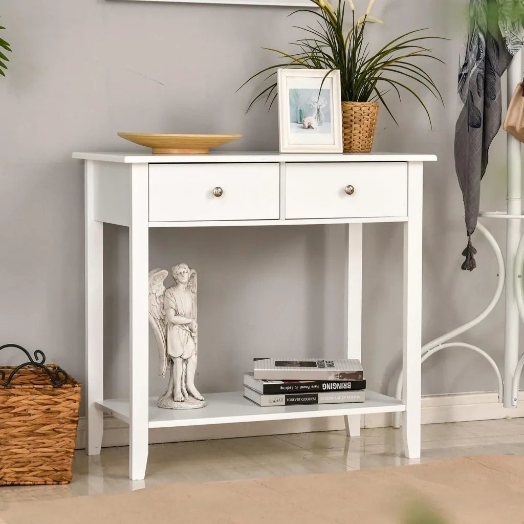 Side table with 2 drawers, solid white wood