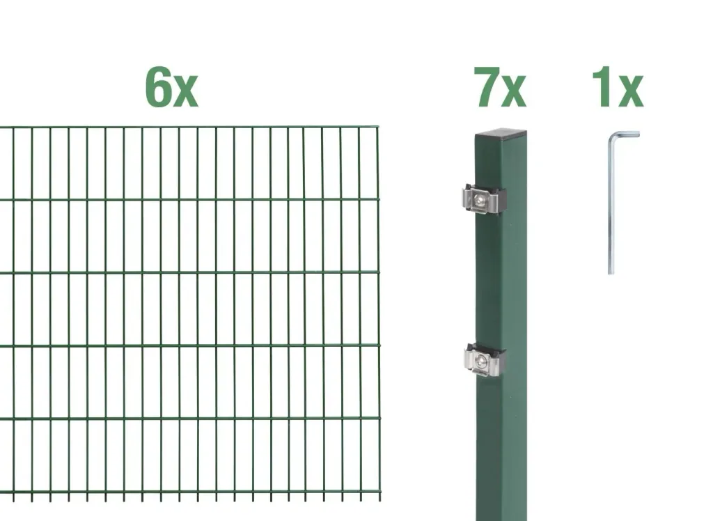 Double rod mesh fence complete set, green, height 140 cm, length 12 m