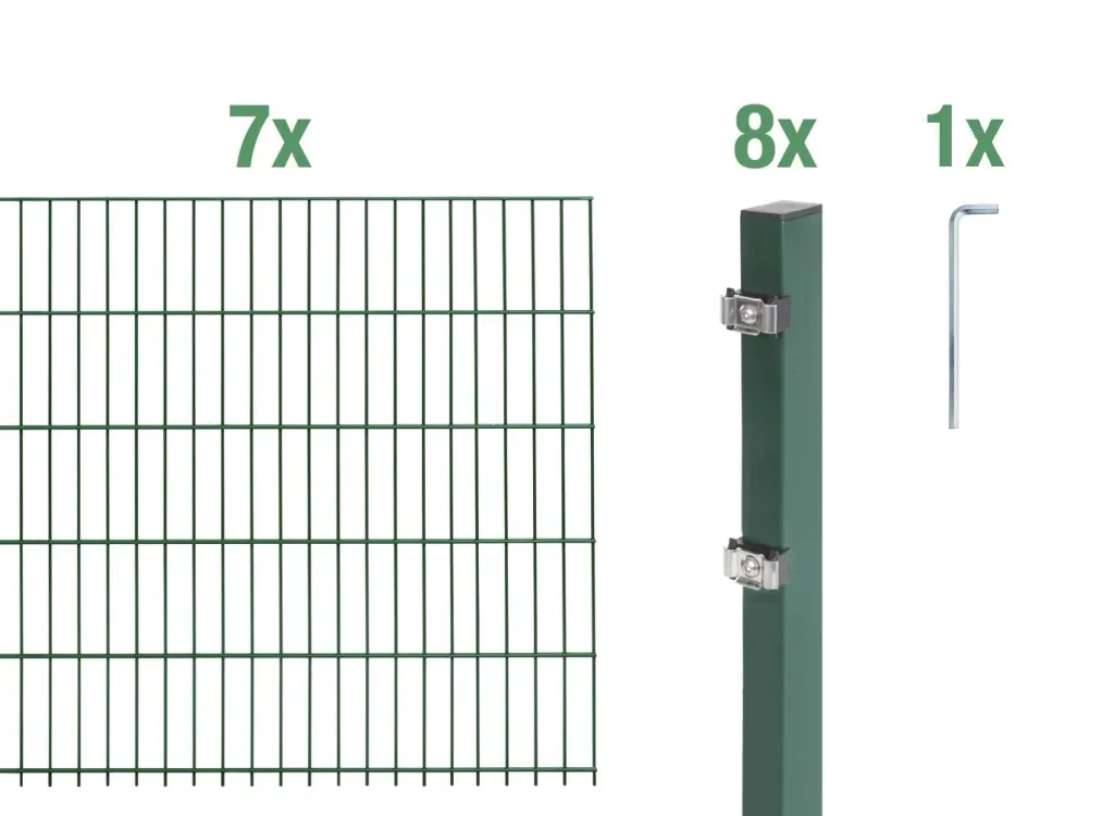 Double rod mesh fence complete set, green, height 120 cm, length 14 m