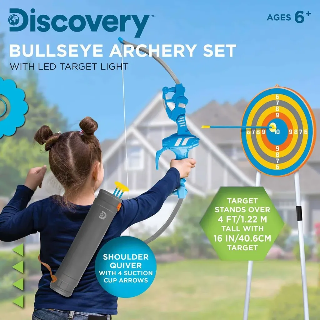 Discovery Kids Bullseye Archery Set with LED Light for Aiming - Includes 4 Arrows and 1 Bow - Quiver with Strap