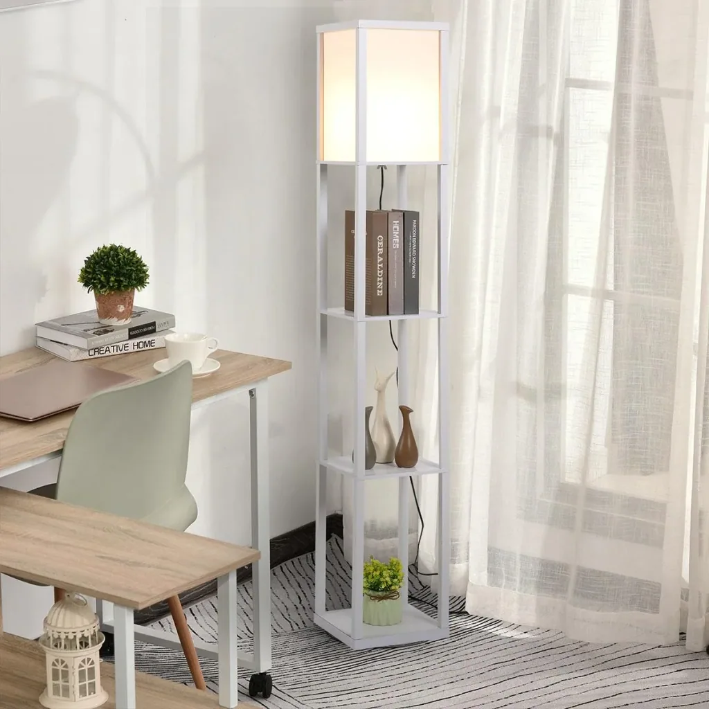 Floor lamp with 3 shelves, interior lighting E27 up to 40W for living room/bedroom, E1-MDF, acrylic, white, 26 x 26 x 160
