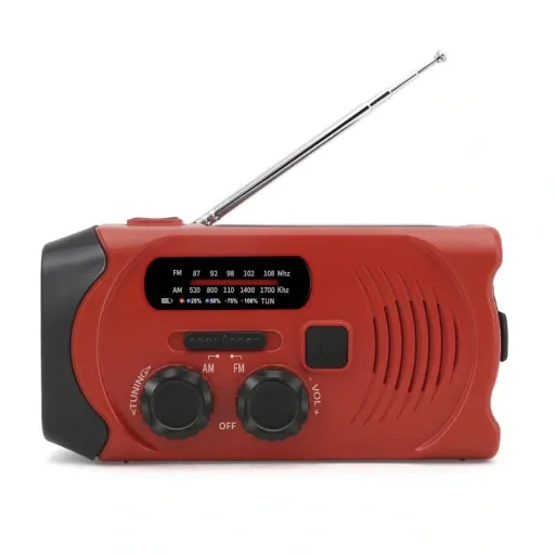 Portable solar crank radio with flashlight