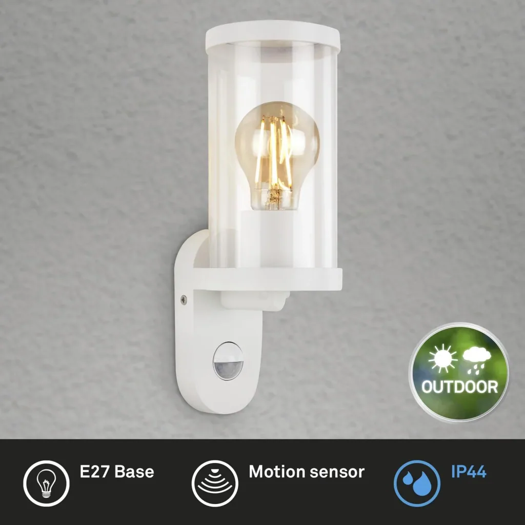 Outdoor light with motion detector, metal-plastic / white, IP44, E27 socket
