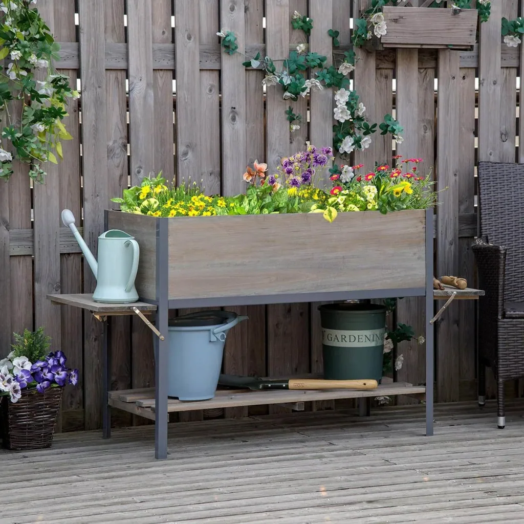 Raised bed planter with 2 foldable shelves lower shelf flower box flowerpot herb bed solid wood light grey