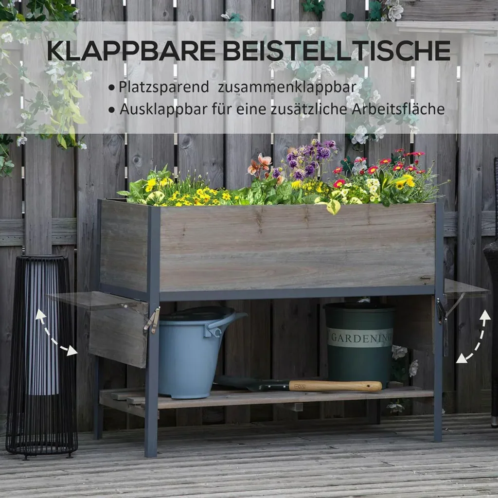 Raised bed planter with 2 foldable shelves lower shelf flower box flowerpot herb bed solid wood light grey