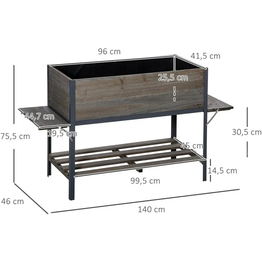 Raised bed planter with 2 foldable shelves lower shelf flower box flowerpot herb bed solid wood light grey