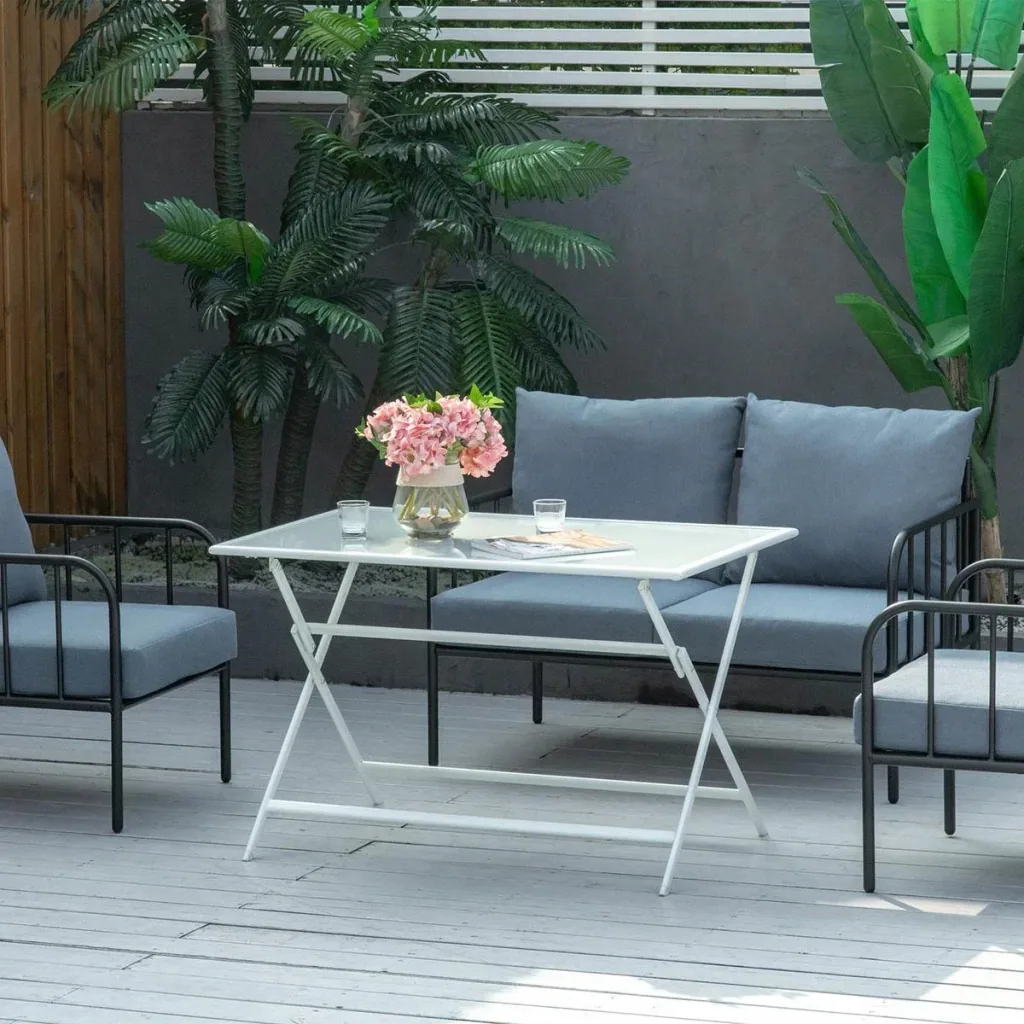 Garden table - white - metal/glass - 110 x 70 x 70 cm