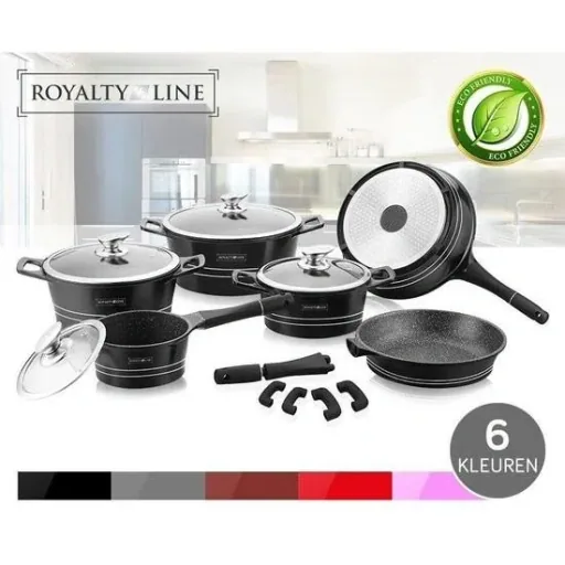 Marbled cookware set - 14 pieces - glossy black