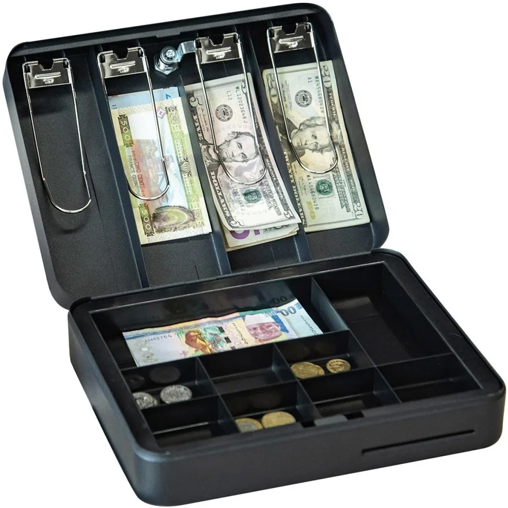 Money box with coin compartments, black