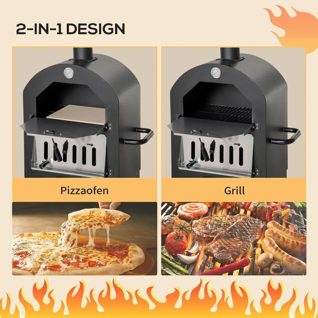 2-in-1 outdoor pizza oven with wheels, 3-tier wood-fired oven for BBQ, steel, black and silver, 63 x 54 x 161 cm