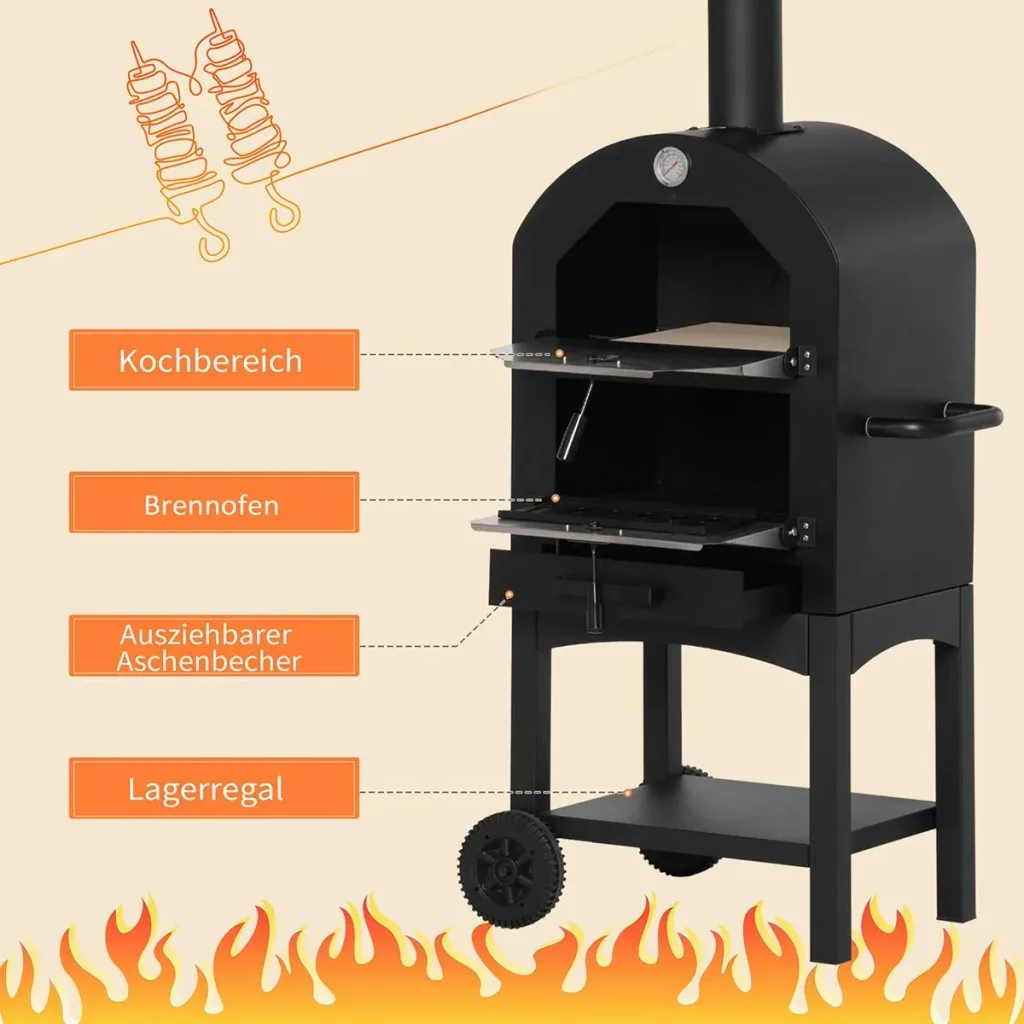 2-in-1 outdoor pizza oven with wheels, 3-tier wood-fired oven for BBQ, steel, black and silver, 63 x 54 x 161 cm