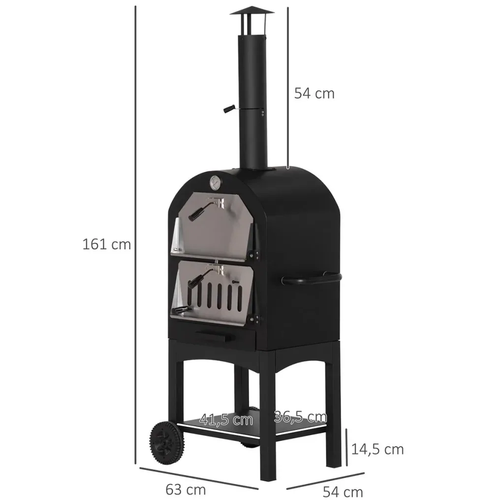 2-in-1 outdoor pizza oven with wheels, 3-tier wood-fired oven for BBQ, steel, black and silver, 63 x 54 x 161 cm